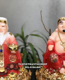 Tượng Thần Tài Thổ Địa áo gấm đỏ ngồi chậu vàng giàu sang phú quý